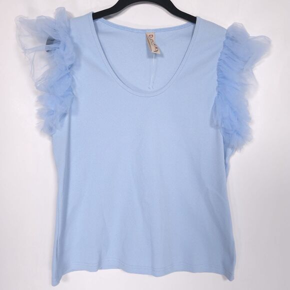 Anthropologie Dolan NWOT Size L, M Tulle Ruffle Sleeve Tank Blue Ribbed Knit - Picture 7 of 11